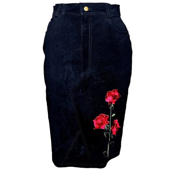 Bagetelle Vintage Leather Skirt with Embroidered Roses Size 4 - Picture 1 of 4
